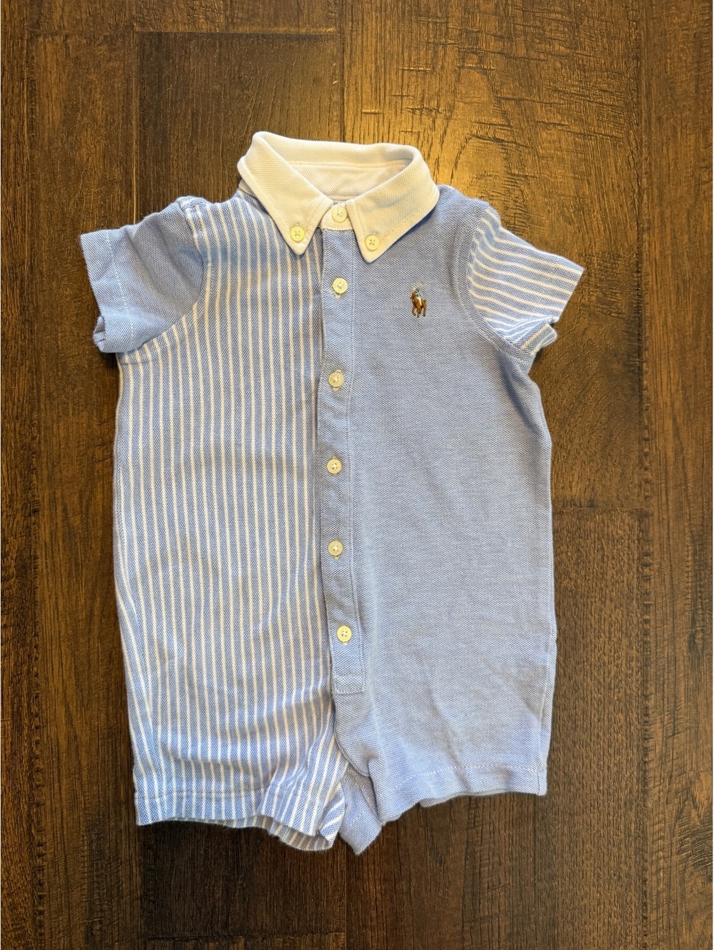 Ralph Lauren Baby Romper 6M Blue White Striped Polo One Piece Short Sleeve